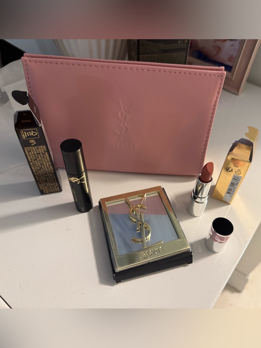YSL Pink Cosmetic Pouch with Gold-Accented YSL mirror and Makeup Pieces